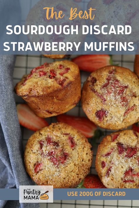 Strawberry Discard Recipes, Sourdough Discard Strawberry, Strawberry Muffins Easy, Sourdough Strawberry, Pantry Mama, Strawberry Rhubarb Muffins, Strawberry Muffin Recipes, Sourdough Muffins, Baked Items