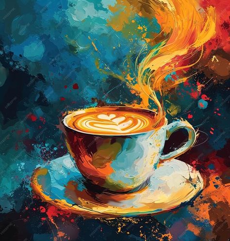 Premium Photo | Symphony of taste vibrant illustration of a steaming coffee cup on a colorful abstract background Simple Coffee Painting Ideas, Coffee Poster Design Graphics, Cafe Illustration Art, Cup Of Coffee Painting, Coffee Still Life, Coffee Cup Painting, Coffee Painting Canvas, Coffee Cup Illustration, Cafe Illustration