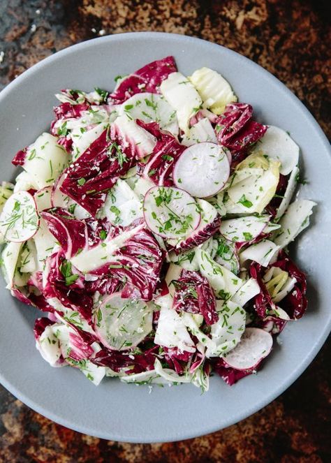 Recipe: Bar Tartine's Chicory Salad with Anchovy Dressing Anchovy Salad, Anchovy Dressing, Chicory Salad, Recipe Cucumber, Kohlrabi Recipes, Cucumber Kimchi, Dill Recipes, Thanksgiving Salad, Lasagna Recipes