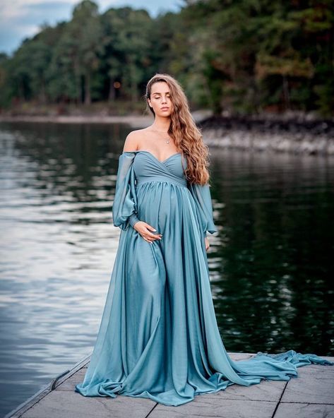 Ophellia Chiffon Full Circle Maternity Gown with Long peasant | Etsy Dresses Photography, Peasant Sleeve, Maternity Gown, Full Circle Skirt, Maternity Gowns, Full Circle Skirts, Long Train, Dramatic Look, Shoulder Cut