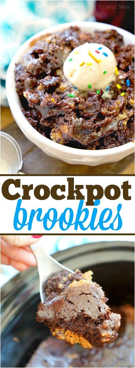 How to make crockpot brownie cookies that are gooey chocolate bites of brownies and chocolate chip cookies in one! Easy slow cooker dessert you'll love. #crockpot #slowcooker #brookies #brownies #brownie #cookies #dessert via @pinterest.com/thetypicalmom Crockpot Brownies, Crock Pot Brownies, Slow Cooker Dessert, Brookies Recipe, Crockpot Dessert Recipes, Crock Pot Desserts, Chocolate Bites, Slow Cooker Desserts, Crockpot Recipes Slow Cooker