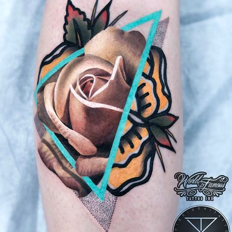 Traditional meets realistic. Tattoo by Chris Rigoni #ChrisRigoni #mashuptattoos #color #traditional #realistic #realism #dotwork #shapes #rose #floral #flower #leaves #nature Traditional Style Tattoos, Tattoo Mom, Realistic Rose Tattoo, Traditional Style Tattoo, Tattoo Magazine, Tattoo Graphic, Old Tattoos, Inked Magazine, Elephant Tattoos