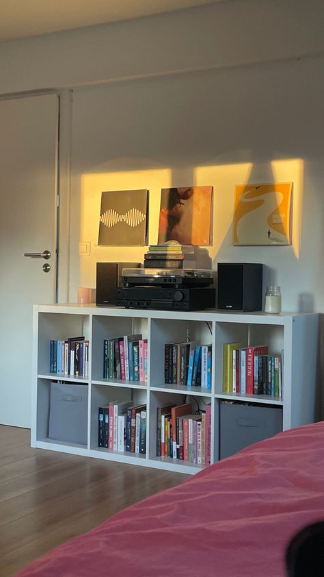 Book Shelf Under Tv, Bookshelf Under Tv, Messy Bookshelf Aesthetic, Vinyl Bookshelf, Bookshelf Tv Stand, Shelf Under Tv, Bookshelves Aesthetic, Sunset Room, University Rooms