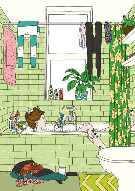 Woman In Bathtub Drawing, Bath Illustration, Illustration Art Cartoon, Bathroom Illustration, Bathroom Drawing, Flat Colour Design, Lofi Vibes, Gentle Life, Bathroom Painting