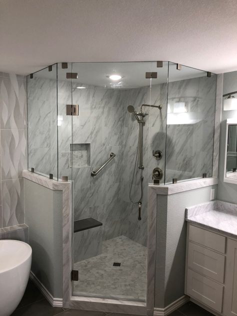 Angle Shower Ideas, Neo Angle Shower Ideas, Glass Corner Shower, Neo Angle Shower Enclosures, Half Wall Shower, Glass Shower Wall, Neo Angle Shower, Bathroom Furniture Modern, Master Bath Shower