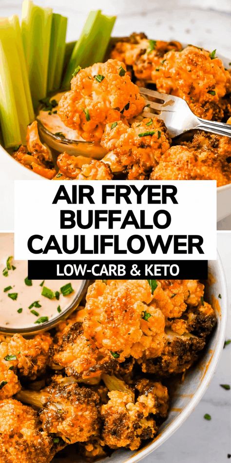 Air fryer buffalo cauliflower wings with no breading are easy to make for a healthy snack or appetizer! These healthy cauliflower bites are keto friendly and a perfect for game day snack! Keto and low carb friendly and ready to eat in just 25 minutes! Keto Cauliflower Buffalo Bites, Healthy Buffalo Cauliflower Air Fryer, Delicious Cauliflower Recipes, Califlower Recipes Bites, Low Cal Cauliflower Recipes, Air Fryer Cauliflower Steaks, Califlower Recipes Airfry, Healthy Air Fryer Recipes Low Carb Snacks, Breaded Cauliflower Air Fryer