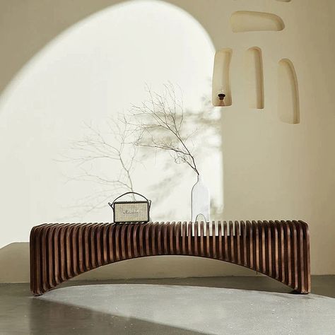 Bold curves and natural warmth - our sculptural Mara bench makes a stunning statement. TAP TO SHOP #simplyboho #boho #furniture #boholiving #bohostyle #bohointerior #bohofurniture #bohohomedecor #interiordesign #moderninterior Creative Tv Stand, Bench Aesthetic, Tv Stand Living Room, Retro Bench, Log Bench, Tv Bench, Solid Wood Benches, Furniture Design Chair, Boho Furniture