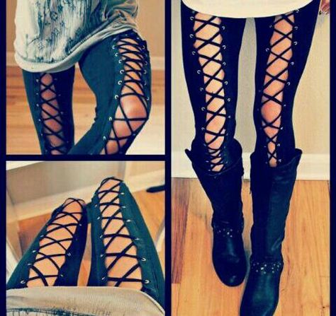 Love these Diy Lace Up Pants, Diy Lace Up, Trash To Couture, Diy Pants, Diy Vetement, Clothing Hacks, Diy Shirt, Cut Shirts, Wearing Black