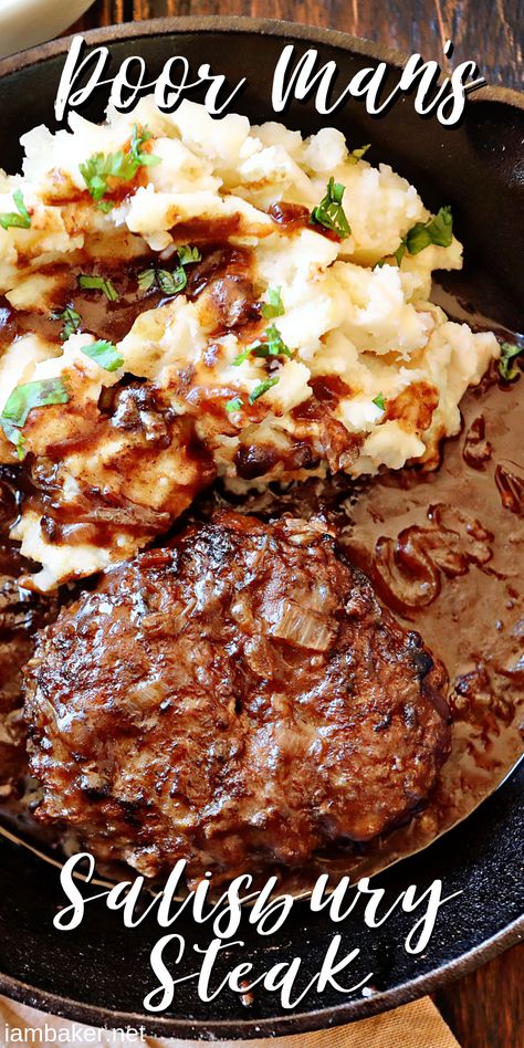 Poor Man's Salisbury Steak is a quick and easy weeknight meal! #salisburysteak #mashedpotatoes #oniongravy #gravy #steak #skillet #skilletmeals #iamhomesteader #homesteadrecipes Homemade Salisbury Steak, Hamburger Steaks, Ground Beef Stroganoff, Plats Healthy, Salisbury Steak Recipes, Ground Beef Recipes Healthy, Hamburger Steak, Hamburger Meat Recipes, Brown Gravy