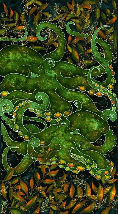 Chelline Larson - Green Octopus chellinelarson.com Green Octopus, Octopus Art, Green Quilt, Sea Animals, Octopus, Aesthetic Art, Green, Art