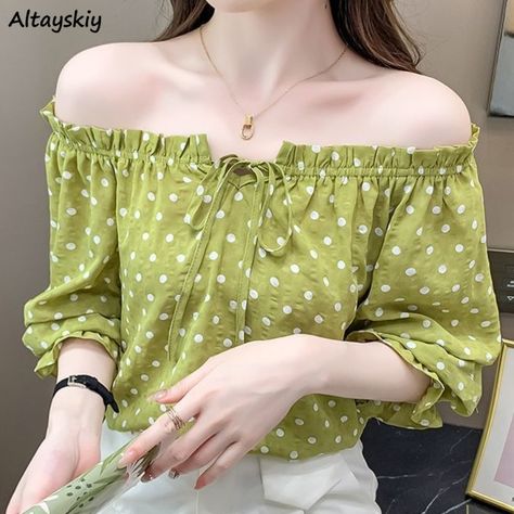 Dot Blouses for Women Off Shoulder Summer Thin Tops Casual Elegant Female Slash Neck All-match Shirts And Pants, Shirt Blouses Women's, Tops Casual, Style Mistakes, Shirt And Pants, Casual Tops, Simple Designs, Korean Fashion, Off Shoulder