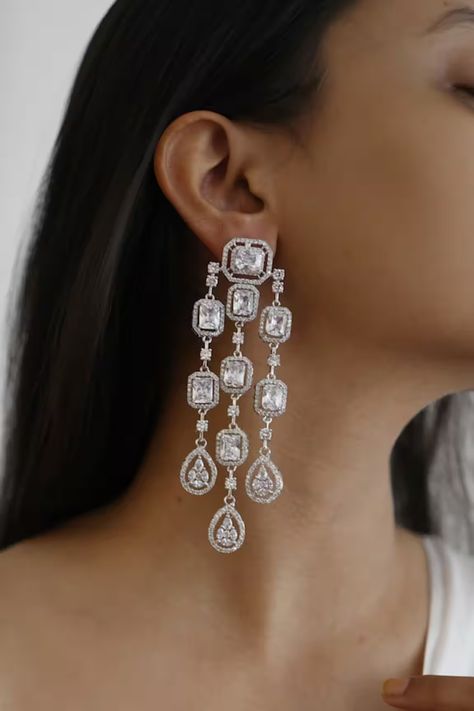 Buy Silver Plated Polki Victorian Faux Diamond Earrings by Do Taara Online at Aza Fashions. Red Necklace Set, Victorian Chandelier, Silver Chandelier Earrings, Dangler Earrings, Kundan Necklaces, Moissanite Jewelry, Traditional Jewelry, Online Earrings, Indian Jewellery