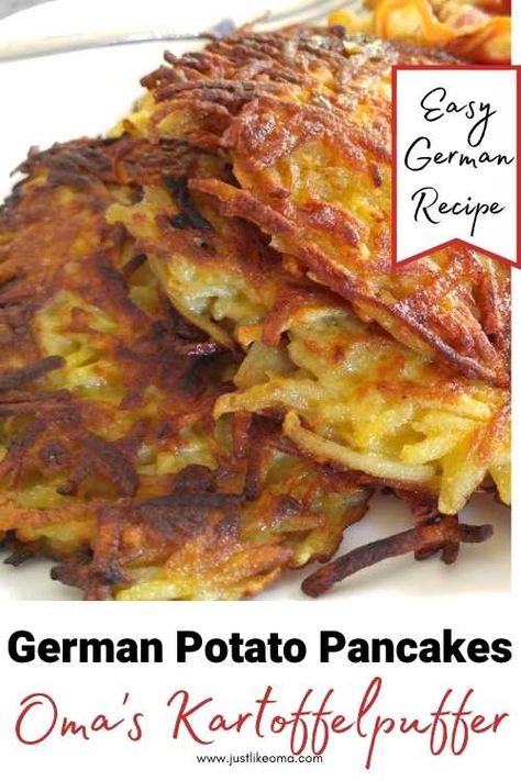 Traditional Kartoffelpuffer made with this easy potato pancake recipe will bring back memories of Oma’s kitchen, for sure! Crispy and delicious, just they way they should be. Easy Potato Pancake Recipe, German Potato Cakes, Potato Pancake Recipe, Potato Pancakes Easy, Potato Pancakes Recipe, Easy German Recipes, German Potato Pancakes, German Food Authentic, Potatoe Pancake Recipe