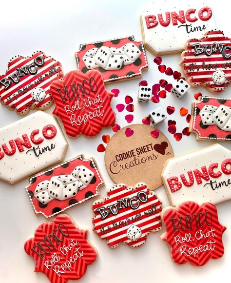 Bunco Royal Icing Cookies, Bunko Cookies Decorated, Bunco Birthday Party Ideas, Bunco Cookies Decorated, Dice Cookies, Bunco Cookies, Bingo Cookies, Bunco Desserts, Christmas Bunco