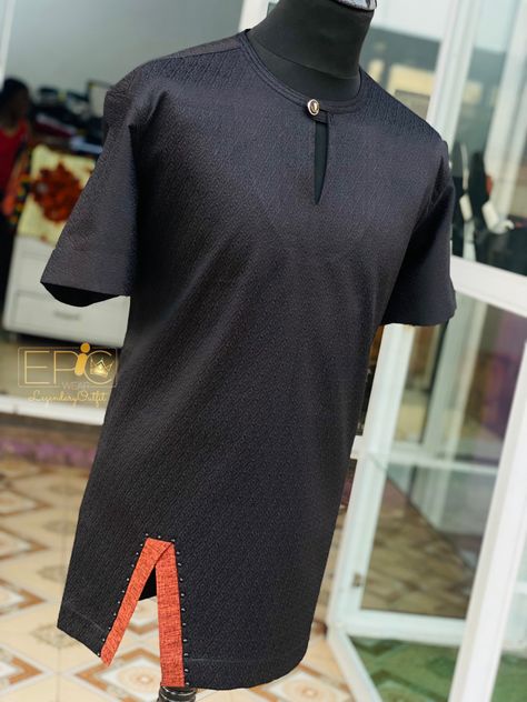 Black men’s round neck African traditional wear. Men Kaftan African Fashion, Black Kaftan Men, Kaftan Shirt, Kaftan For Men, Men Kaftan, Black Kaftan, Latest African Men Fashion, Short Sleeves Shirt, Black Short Sleeve Shirt