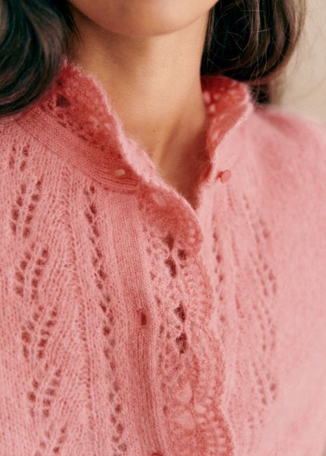 Sezane Knitting Patterns, Sezane Cardigan, Pink Cardigan Outfit, Academia Style, Mohair Knit, Pink Cardigan, Fall Winter Wardrobe, Cardigan Outfits, Knitting Women Sweater