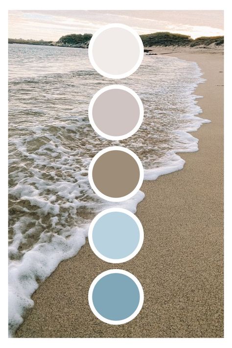 An image of white waves washing over beige sand as the background. There are 5 different coloured circles as colour palette inspiration. Light beige, beige, brown, light blue and a darker blue. Beige And Blue Bathroom, Beach Waves Aesthetic, Blue Brown Wedding, Aesthetic Colour Palette, Brown Wedding Themes, Ocean Color Palette, Waves Aesthetic, Aesthetic Colour, Beach Color Palettes