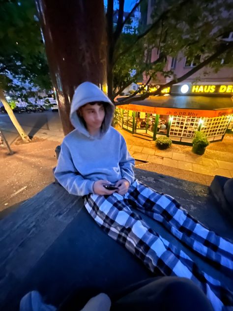 Boy grey hoodie, Boy Pyjama pants, boy pj’s, outside, dark, night, brown haired boy, berlin core, germany, awstehtic photo inspiration, couple picture Boys Pyjamas Outfit, Male Pyjamas Aesthetic, Pajama Pants Outfit For School Men, Comfy Home Outfits Men, Boys Pajamas Aesthetic, Guy Pajamas Aesthetic, Men Chill Outfit, Pjs Outfits Men, Pajama Pants Outfit Men