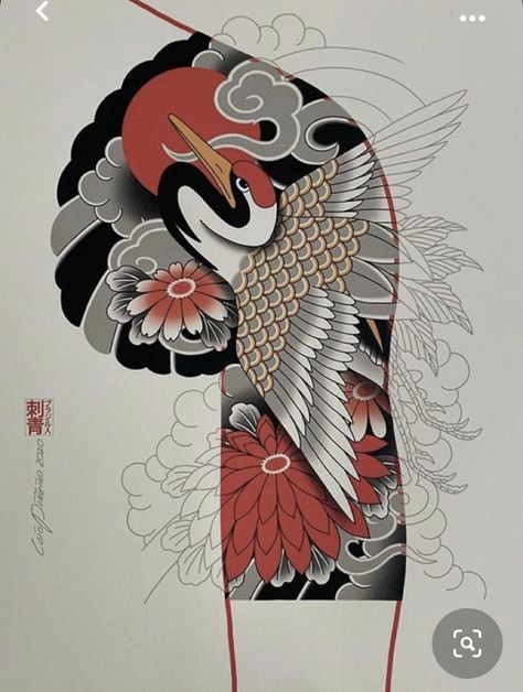 Japanese Crane Tattoo Sleeve, Crane Tattoo Design, Japanese Crane Tattoo, Tattoo Japonais, Japanese Demon Tattoo, Japanese Tattoos For Men, Dragon Tattoo Sketch, Crane Tattoo, Japanese Flower Tattoo