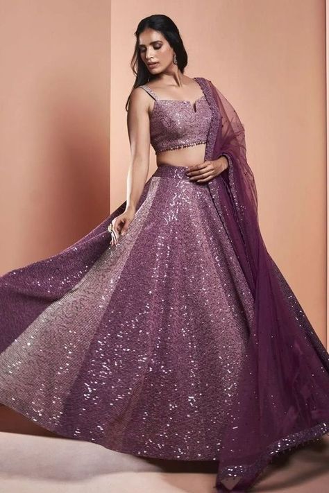 Purple Lehenga For Engagement, Sequence Lehenga Blouse Designs, Shimmer Lehenga Indian Weddings, Shimmer Lehenga Designs, Sequence Lehenga Designs, Jewellery For Purple Lehenga, Purple Lehnga Design, Combination With Purple Lehnga, Sequence Lehenga Party Wear