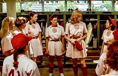 A League of Their Own (1992), starting front left, going clockwise: Robin Knight, Freddie Simpson, Renée Coleman, Kelli Simpkins, Neezer Tarleton, Geena Davis and Madonna. Dottie Hinson, Baseball Movies, Batting Order, A League Of Their Own, League Of Their Own, Geena Davis, Usa Women, Perfect Movie, Playlist Covers