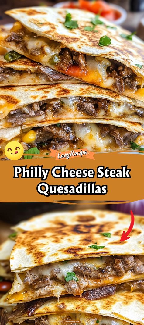 Merge two iconic dishes with Philly Cheese Steak Quesadillas. This fusion features thinly sliced steak, melted provolone, onions, and peppers, all encased in a crispy, golden quesadilla. It’s a satisfying, easy-to-make meal that packs a flavorful punch. #PhillyCheeseSteak #Quesadillas #FusionFood Steak And Cheese Quesadillas, Philly Cheese Steak Quesadilla, Steak Tacos Recipes, Cheese Steak Recipes, Cheesesteak Quesadilla, Steak Quesadilla Recipe, Cheese Steak Quesadillas, Philly Cheese Steak Sandwich Recipe, Food Truck Food Ideas