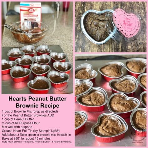 Hello Stampers, Can you say Yummy Heart Brownies! I am sharing how you can use the Heart Tin Foil to back brownies in a shape of hearts. Also I have a special recipe for Peanut Butter Brownies listed below.  You can bake cake, mac and cheese name it if you can bake it in a big pan, you can bake small portion in these tin. They are food safe and oven safe.  Heart Foil Tin  The heart foil tin are in the mini catalog on page 9. Don't stop at Valentine to use them. Would be perfect for kids party, Heart Brownies, Low Fat Cake, Heart Cake Pan, Peanut Butter Brownies Recipe, Bake Sale Packaging, Valentines Baking, Butter Brownies, Bake Cake, Mini Tortillas