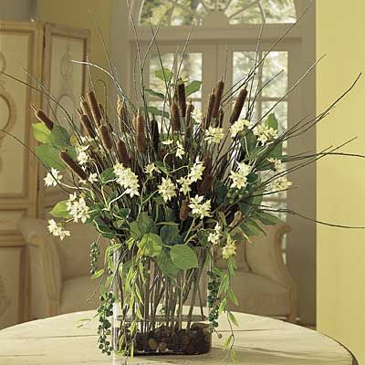 Cat tail arrangement.  Not sure of the source. Cat Tail Bouquet, Cat Tail Centerpieces, Cat Tail Arrangements, Cat Tails Wedding Decor, Cat Tail Floral Arrangements, Cattail Flower Arrangement, Cat Tail Wedding Decor, Cattail Arrangement, Cattail Centerpieces