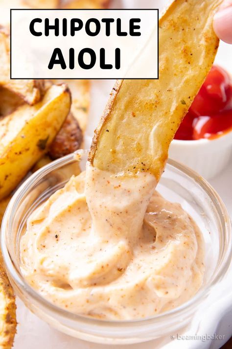 Smoky, creamy, and just a bit spicy, Chipotle Aioli is made in just 2 minutes! Hints of garlic, lemon and a few spices to highlight the incredible flavor. Great as a dip for appetizers or a spread on sandwiches and burgers! | Recipe at BeamingBaker.comChipotle Aioli Garlic Aioli Recipe Without Mayo, Garlic Chipotle Aioli, Healthy Garlic Aioli, Spicy Aioli Sauce Recipe, Garlic Aioli Sandwich, Malt Vinegar Aioli, Mexican Aioli, Aioli Recipe Easy Mayo, Chipotle Aoli Recipe