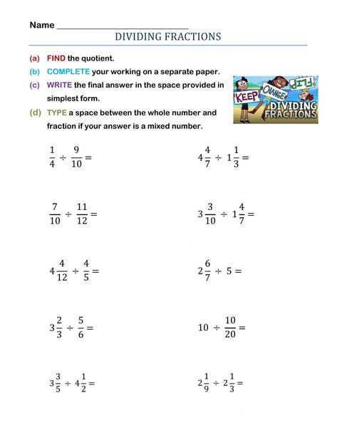 Dividing Fractions online exercise Fractions Lesson, Worksheets For Grade 5, Math Fractions Worksheets, Fraction Lessons, Dividing Fractions, Sub Plan, Mixed Numbers, Fractions Worksheets, Math Fractions