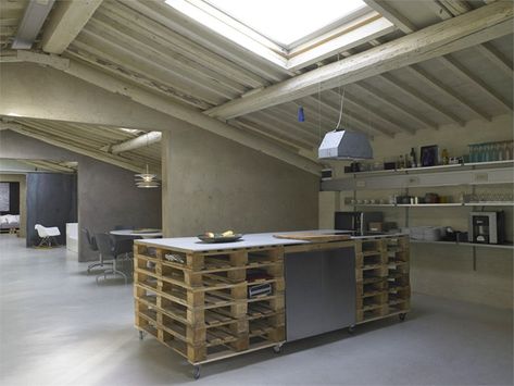 This stunning home is the work of Florence-based studio q-bic, “pallets loft” is a renovation of the attic space of a nineteenth century industrial building situated on the edge of the historic center of Florence, Italy. Comprised of 1,937 square feet (180 square meters) of living space, the loft has a multi-purpose destination for hosting … Pallet Kitchen Island, Pallet Kitchen, Recycled Pallets, Old Pallets, Functional Furniture, Wooden Pallets, Studio Space, Pallet Projects, Pallet Furniture