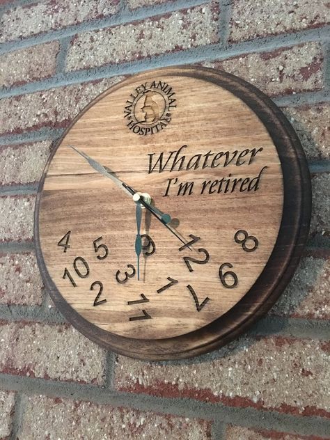 Whatever I'm/we're retired wood-burned retirement | Etsy Pyrography Clock Ideas, Retirement Clock, Scrabble Gifts, Hunting Crafts, Pyrography Ideas, Best Retirement Gifts, Glowforge Projects, Clock Ideas, Guy Gifts