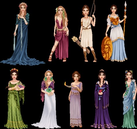 Greek Goddesses by LadyAraissa on DeviantArt Greek Goddess Outfit, Greek Mythology Costumes, Greek Mythology Dress, Mythology Costumes, Greece Dress, Sirens Fashion, Greek Dress, Greek Goddesses, Greek Costume