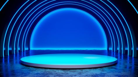 Circle stage with neon light blackground, and concrete floor, blue light, 3d render Premium Photo | Premium Photo Circle Platform Stage, Circle Stage Design, Vfx Video, Homemade Face Paints, Youth Rooms, Stage Background, Youth Room, Photo Logo Design, Face Painting Halloween