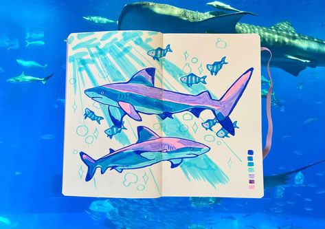 Shark sketchbook doodles and pictures from Okinawa Churaumi Aquarium 🩵🦈 Visiting the aquarium in Japan is one of the things I remember most vividly from my three month trip there. So beautiful ✨ Sketched these blacktip reef sharks with my new brush pens my aunt gifted me for my birthday. The fluorescent is one of my favorites! 🩷 • • • • • #art #sketch #sketchbook #shark #sharkart #drawing #brushpen #colorfulart #artist #fishart #oceanart Blacktip Reef Shark Drawing, Shark Sketchbook Page, Aquarium Sketch, Blacktip Reef Shark, Aquarium Drawing, Churaumi Aquarium, Sketchbook Doodles, Shark Drawing, Shark Art