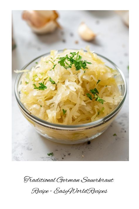 German Sauerkraut is a tangy, fermented cabbage that is a staple in Germany. This traditional recipe is delicious and packed with probiotics. German Sauerkraut Recipe, German Side Dishes, German Sauerkraut, Italian Main Dishes, Making Sauerkraut, Sauerkraut Recipe, Homemade Sauerkraut, Sauerkraut Recipes, Fermented Cabbage