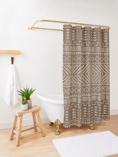 "Farmhouse Boho Antique Oriental African Moroccan Brown Artwork." Shower Curtain by Arteresting | Redbubble Earth Tone Shower Curtain, Boho Shower Curtains, Master Bath Shower Curtain, Boho Bathroom Shower Curtains, Boho Shower Curtain Ideas, Vacation Rental Furniture, Western Shower Curtain, Modern Boho Bathroom, Boho Style Bathroom