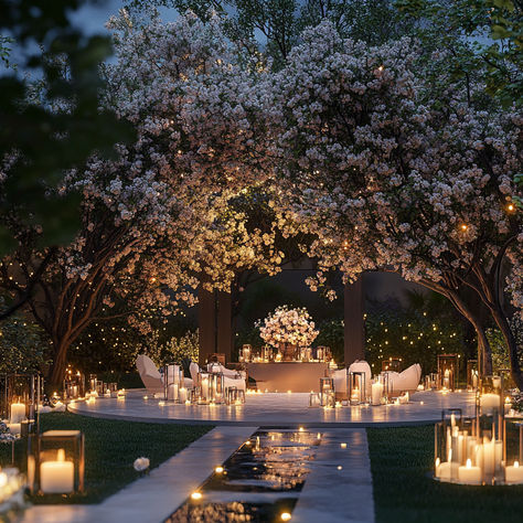 Transform your wedding into a magical evening with this breathtaking garden setup. Underneath blossoming trees, this romantic space is adorned with luxurious candle lanterns, soft twinkling lights, and a stunning floral centerpiece. Perfect for intimate garden weddings or backyard receptions that embrace nature’s beauty. Pin this to inspire your dream wedding setup! #GardenWedding #OutdoorReception #RomanticDecor #WeddingInspo #LuxuryWedding" Weddings At Night Outdoor, Romantic Wedding Outdoor, Proposal With Flowers And Candles, Ethereal Outdoor Wedding, Intimate Wedding Proposals, Ethereal Wedding Decoration, Night Time Garden Wedding, Nighttime Garden Wedding, Garden Proposal Ideas Romantic