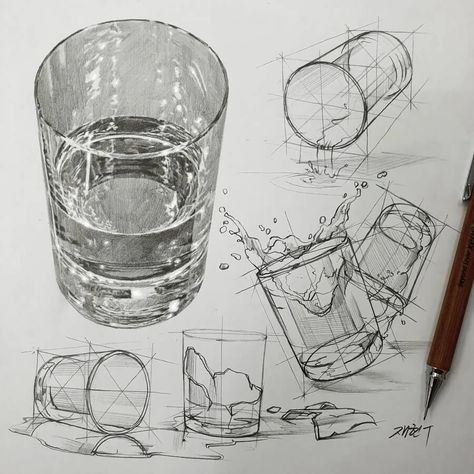 Sketches Landscape, Glasses Drawing, Aesthetic Reference, Water Sketch, Structural Drawing, Perspective Drawing Lessons, Shapes Art, Art Time, Object Drawing