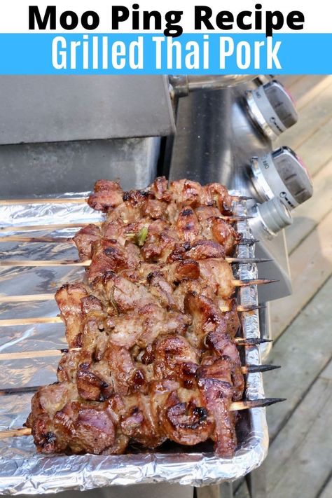 Moo Ping, Street Food Recipe, Pork Kebabs, Thai Pork, Thai Street Food Recipes, Pork Belly Slices, Pork Skewers, Pork Sauce, Pork Marinade