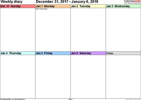 Weekly calendar 2018: template for PDF version 7, landscape, 53 pages, 'rainbow calendar', week divided into 4 columns (7 days and one field for notes), great for a weekly diary 7 Day Calendar, Rainbow Calendar, Free Printable Weekly Calendar, Printable Weekly Calendar, Teacher Newsletter Template, Plan Calendar, Weekly Schedule Template, Calendar Week, Weekly Calendar Template