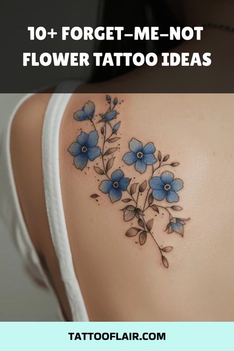 Forget-me-not flowers are more than just beautiful. They carry a message of remembrance and lasting love. These small, vibrant blue blooms make perfect tattoos for anyone wishing to carry a symbol of enduring memory or deep affection. In this article, I’ll explore a variety of forget-me-not flower tattoo ideas, showcasing different styles and placements. Whether you prefer something delicate and subtle or bold and colorful, these tattoos offer a way to keep a meaningful symbol close at hand. Wat Traditional Tattoo Neck, Forget Me Not Flower Tattoo, Blue Flower Tattoos, Forget Me Not Tattoo, Flower Tattoo Ideas, Remembrance Tattoos, Bouquet Tattoo, Mommy Tattoos, Forget Me Not Flower