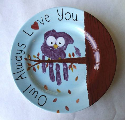 Owl Always Love You Plate painted by staff at Color Me Mine Saucon Valley PA Footprint Crafts, Color Me Mine, Paint Your Own Pottery, Kids Pottery, Footprint Art, Handprint Crafts, Daycare Crafts, Plate Crafts, Handprint Art