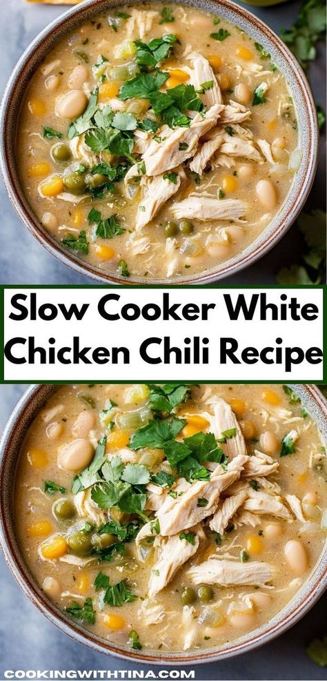 Looking for a comforting dinner idea? This Slow Cooker White Chicken Chili is a flavorful dish that’s easy to prepare, making it a great option for family dinners when you need something quick and satisfying. Slow Cooker White Chili Chicken, Slow Cooker White Chicken Chili Whole 30, Crock Dinner Recipes, Non Dairy Slow Cooker Recipes, Clean Eating White Chicken Chili, Instant Pot Chicken Chili White Beans, Quick Easy Dinner Crockpot, Dairy Free White Chicken Chili Crock Pot, Slow Cooker Chicken Chili White