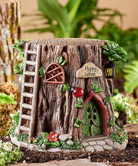 Tree Stump Solar Fairy House   #fairygarden #fairies #ad #fairyhouse #solarpower #ibelieve Fairy Stump, Solar Fairy House, Stump House, Fairy Garden Ideas, Clay Fairy House, Fairy House Diy, Fairy Furniture, Fairy Tree, Clay Fairies