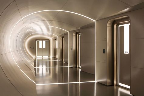 Via Architectural Digest and Wired: From the upcoming Hollywood movie Passengers, some gorgeous futuristic set designs with beautiful lighting concepts: Scifi Hallway, Futuristic Hallway, Innkeeper Chronicles, Passengers Movie, Cyberpunk Interior, Aurora Rising, Scifi Design, Futuristic Interior Design, Scifi Interior