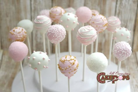 Simple white, pink, and gold cake pops🎀 Cake Pops Pink And Gold, Pink White And Gold Cake Pops, White And Pink Cake Pops, First Birthday White Theme, Cake Pops First Birthday, Pink And White Birthday Theme, First Birthday Cake Pops, White And Pink Cake, Bridal Shower Cake Pops