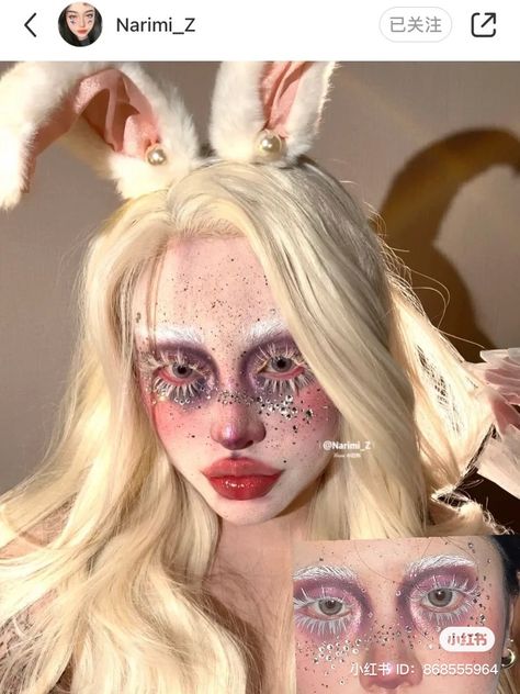 Evil Rabbit Makeup, White Rabbit Inspired Makeup, Black Rabbit Makeup, Dark Bunny Makeup, Goth Bunny Makeup, Scary Rabbit Makeup, Creepy Bunny Makeup, White Bunny Makeup, White Makeup Halloween