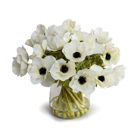 Two dozen lifelike Anemone stems are gathered into a tapered round clear glass vase. Our lifelike Anemone reproductions are made from real-touch material with carefully crafted petals and realistic stems that look fresh-cut. The 6.75" tapered glass vase is filled with a small amount of clear acrylic liquid that looks l Flowers In Bathroom, Anemone Bouquet, Pink Peonies Bouquet, Boxwood Garden, Anemone Flowers, Greenery Arrangements, Hydrangea Arrangements, Clear Glass Vase, Acrylic Liquid