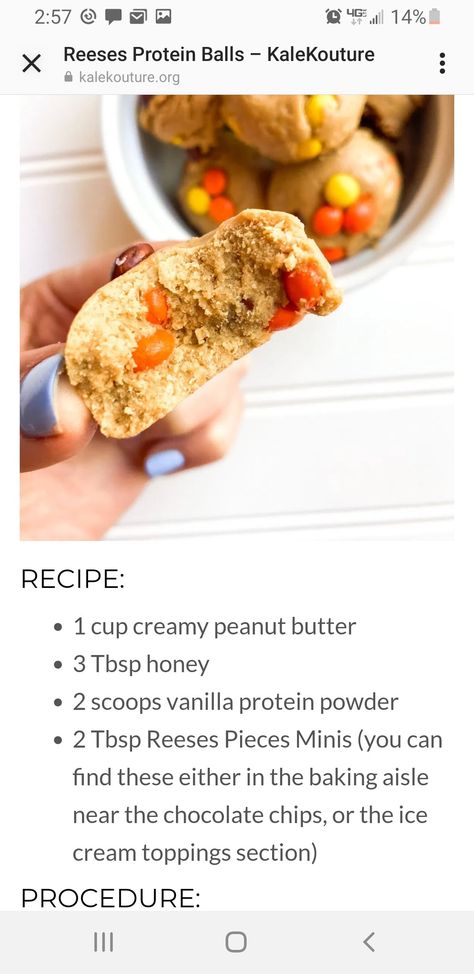 Reeses Pieces Protein Balls, Reese’s Protein Balls, Protein Hacks, Protein Energy Balls, Protein Water, Energy Ball Recipe, Herbalife Recipes, Protein Food, Protein Treats